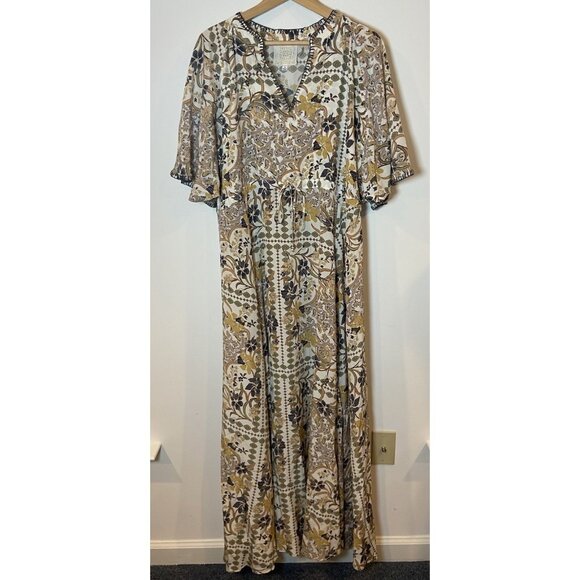 Johnny Was Jade Cruz Maxi Dress Boho 100% Silk Tie Waist Cream Blue Medium M - Picture 1 of 8